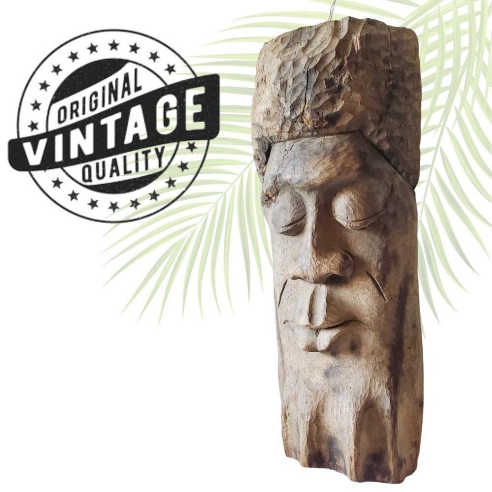 Vintage 80s Hand Carved Wood Tree Spirit Old Man Face Head Folk Art 16"